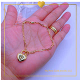 18K Real Gold Heart Charm Lock Bracelet 7.5”