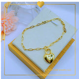 18K Real Gold Heart Charm Lock Bracelet 7.5”
