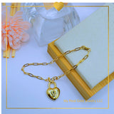 18K Real Gold Heart Charm Lock Bracelet 7.5”