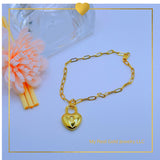 18K Real Gold Heart Charm Lock Bracelet 7.5”