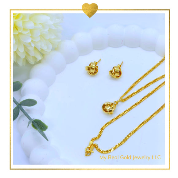 18K Real Gold Love Knot Set of Earrings and Necklace 16”