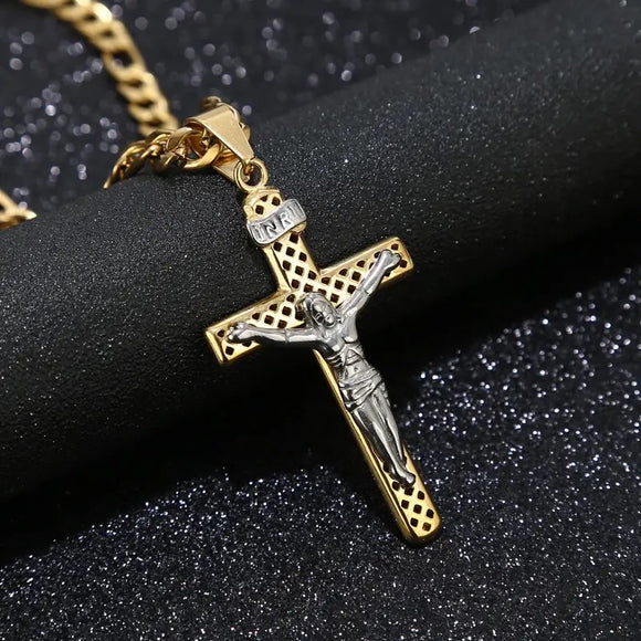 Catholic Jesus Christ on Cross Crucifix Stainless Steel Pendant Necklace 24
