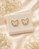 18K Real Gold Butterfly Stud Earrings with Mother of Pearl Inlay – Petite Beaded Edge Design