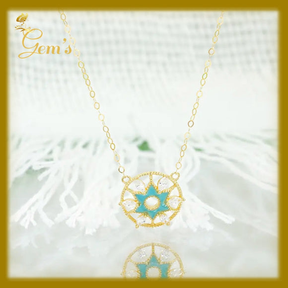 18K Real Gold Enamel Star Necklace 16.5”