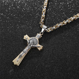 24'' Stainless Steel Byzantine Chain Saint Catholic Benedict Crucifix San Jesus St Benedict Necklace Cross Necklace Gift For Man