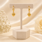 18K Real Gold Diamond-Cut Puffy Heart Hoop Earrings | Lightweight Dangle Heart Earrings | 2.1g