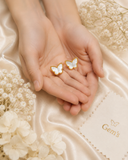 18K Real Gold Butterfly Stud Earrings with Mother of Pearl Inlay – Petite Beaded Edge Design
