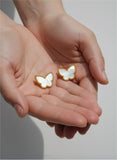 18K Real Gold Butterfly Stud Earrings with Mother of Pearl Inlay – Petite Beaded Edge Design