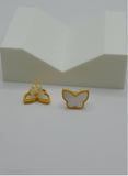 18K Real Gold Butterfly Stud Earrings with Mother of Pearl Inlay – Petite Beaded Edge Design