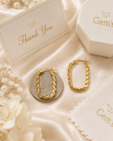 18K Real Gold Twisted Rectangle Hoop Earrings