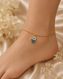 18K Real Gold Reversible Hamsa Anklet – Blue & Green Evil Eye, 9” Length