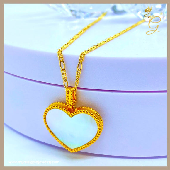18K Real Gold Double Sided Natural White Agate Heart Necklace 18”