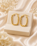 18K Real Gold Twisted Rectangle Hoop Earrings