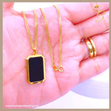 18K Real Gold Double Sided Natural Black Agate Rectangular Necklace 18”