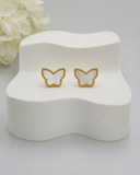 18K Real Gold Butterfly Stud Earrings with Mother of Pearl Inlay – Petite Beaded Edge Design
