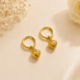 18K Real Gold Diamond-Cut Puffy Heart Hoop Earrings | Lightweight Dangle Heart Earrings | 2.1g