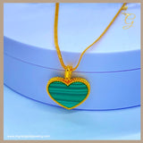 18K Real Gold Double Sided Natural Agate Malachite Heart Necklace 18”