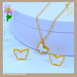 18K Real Gold Gold Set White Butterfly Earrings and necklace 18”