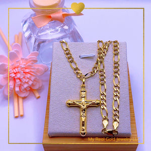 18K Real Gold Cross Pendant with 10K Fogaro Chain 24”