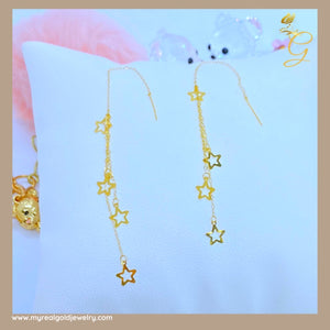 18K Real Gold Star Drop Earrings 4”