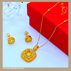 18K Real Gold  Citrine Diamond Set of Earrings and Necklace 18”