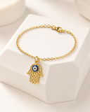 18K Gold Hamsa Evil Eye Bracelet – 7.5” Delicate Protection Charm,
