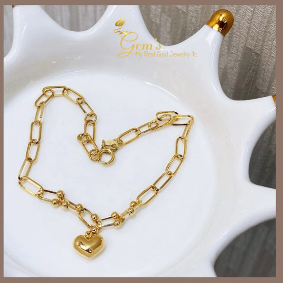 18K Real Gold Hardware Bracelet with Heart Charm7-7.5”