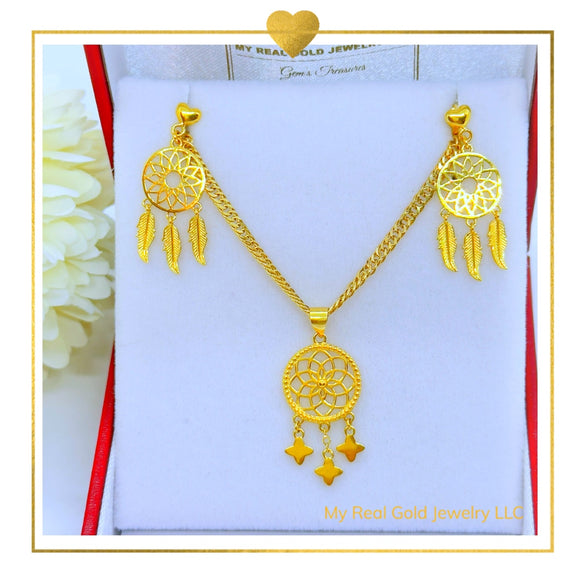 18K Real Gold Dream Catcher Set of Earrings and Necklace 18”