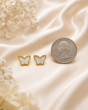 18K Real Gold Butterfly Stud Earrings with Mother of Pearl Inlay – Petite Beaded Edge Design