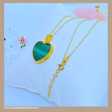 18K Real Gold Double Sided Natural Agate Malachite Heart Necklace 16-18”