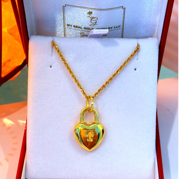 18K Real Gold Heart Lock Necklace 18”