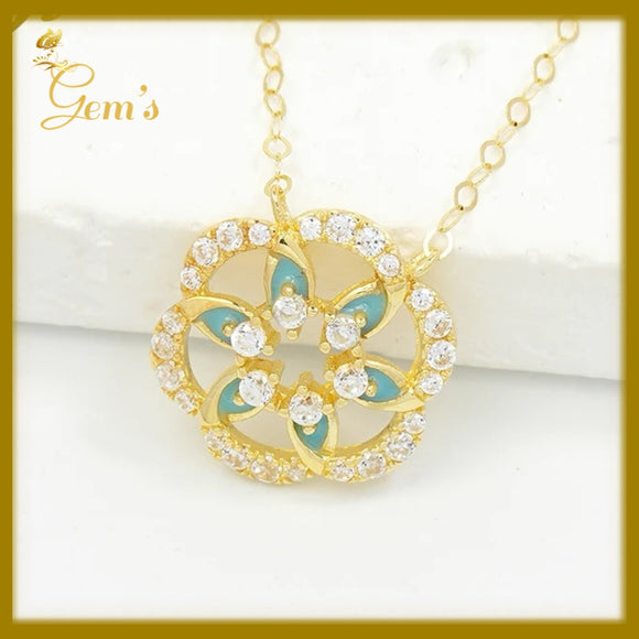 18K Real Gold Flower Enamel Necklace 16.5”