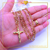 18K Real Gold Cross Pendant with 10K Fogaro Chain 24”