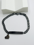 Premium Stainless Steel Black ID Bracelet – Personalized Engraved Name Bar with Heart Charm – Dainty Minimalist Jewelry for Women