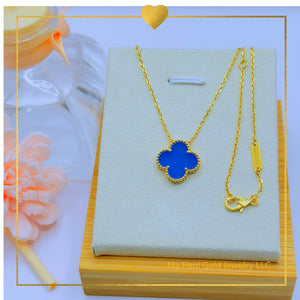 18K Real Gold Blue Clover Leaf Centered Necklace 16-18”