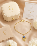 18K Gold Hamsa Evil Eye Bracelet – 7.5” Delicate Protection Charm,