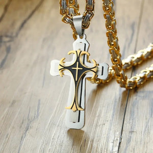 Cross Necklace For Men Byzantine Gold Color Stainless Steel Chain Catholic Crucifix Pendant Male Punk Rock Ornaments