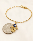 18K Gold Hamsa Evil Eye Bracelet – 7.5” Delicate Protection Charm,