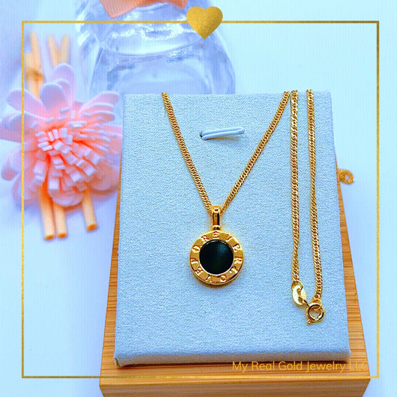 18K Real Gold Black/white Onyx Round Necklace  with Love Engraved 18”