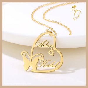 Personalized Butterfly Double Name Necklaces For Women Custom Fashion Stainless Steel Heart Nameplate Choker Necklace Pendant