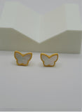 18K Real Gold Butterfly Stud Earrings with Mother of Pearl Inlay – Petite Beaded Edge Design