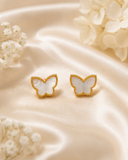 18K Real Gold Butterfly Stud Earrings with Mother of Pearl Inlay – Petite Beaded Edge Design
