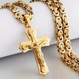 Religious Jesus Cross Necklace Men Stainless Steel Crucifix Pendant with Byzantine Chain Necklaces Male Necklace Jewelry