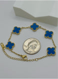 Royal Blue Clover Bracelet – Premium Gold-Plated Stainless Steel | Adjustable Fit