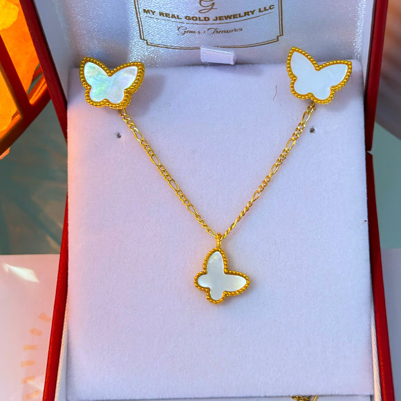 18K Real Gold Gold Set White Butterfly Earrings and necklace 18”