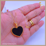 18K Real Gold Double Sided Natural Black Agate Malachite Heart Necklace 18”