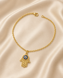 18K Gold Hamsa Evil Eye Bracelet – 7.5” Delicate Protection Charm,