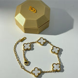 Premium White Clover Bracelet – Gold-Plated Stainless Steel | Adjustable 6” + 2” Extender