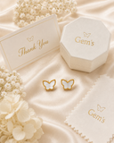 18K Real Gold Butterfly Stud Earrings with Mother of Pearl Inlay – Petite Beaded Edge Design