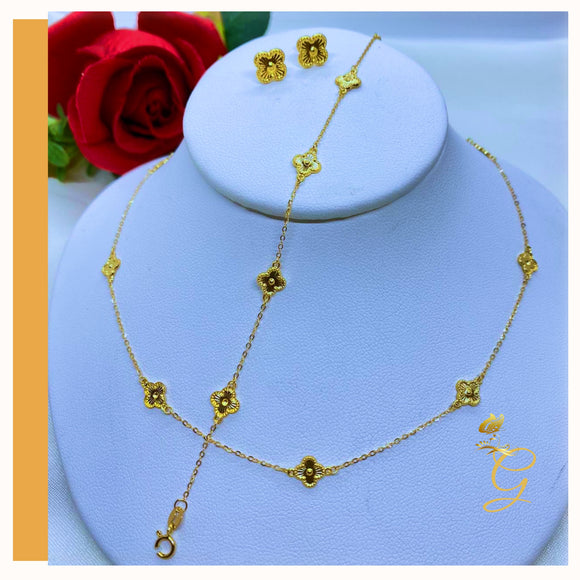 18K  Real Gold Dainty Cloverleaf Set Of Earrings, Necklace 16-18” and Bracelet 7-7.5